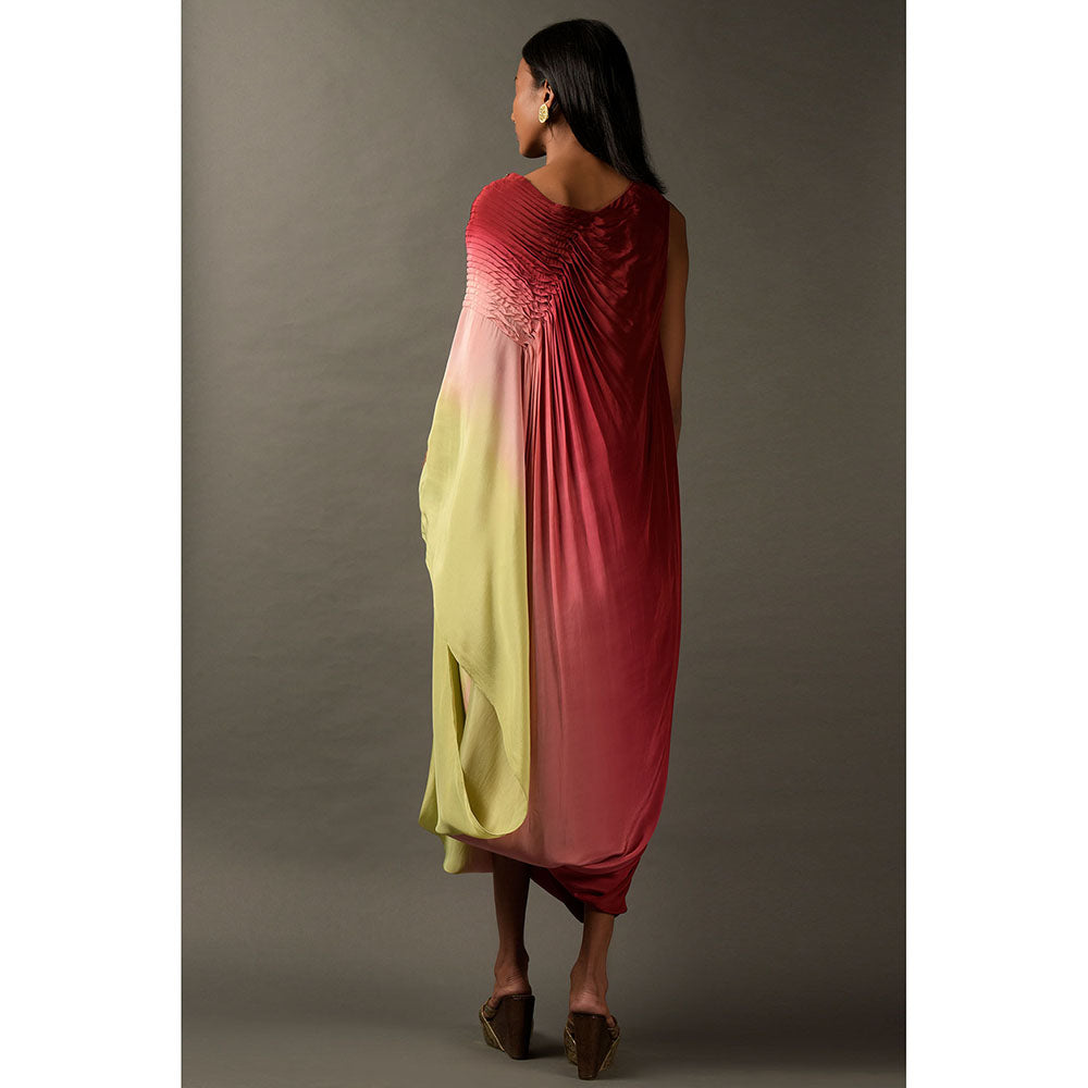 "Two Sisters" by Gyans Multicolored Ombre Satin Embroidered Dress (Set of 2)