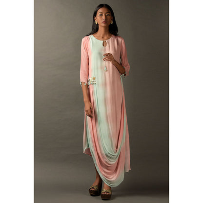 "Two Sisters" by Gyans Pastel Pink & Blue Georgette Embroidered Draped Dress