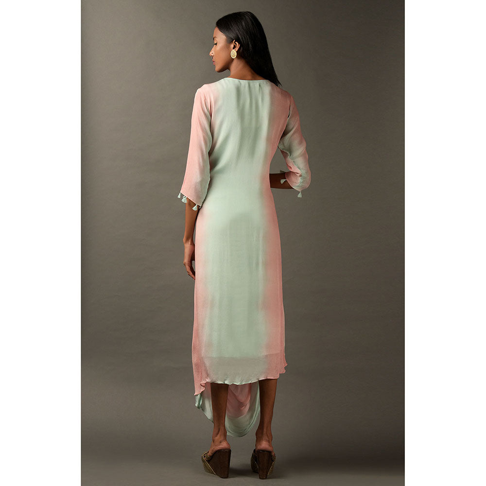 "Two Sisters" by Gyans Pastel Pink & Blue Georgette Embroidered Draped Dress