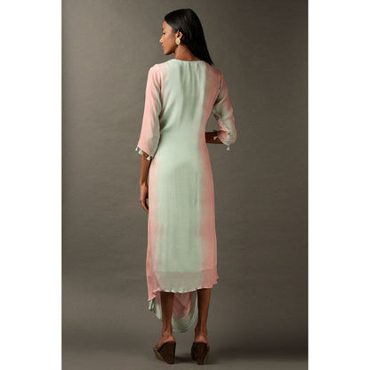 "Two Sisters" by Gyans Pastel Pink & Blue Georgette Embroidered Draped Dress