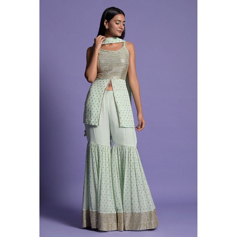 "Two Sisters" by Gyans Pista Green Georgette Embroidered Gharara Set (Set of 3)