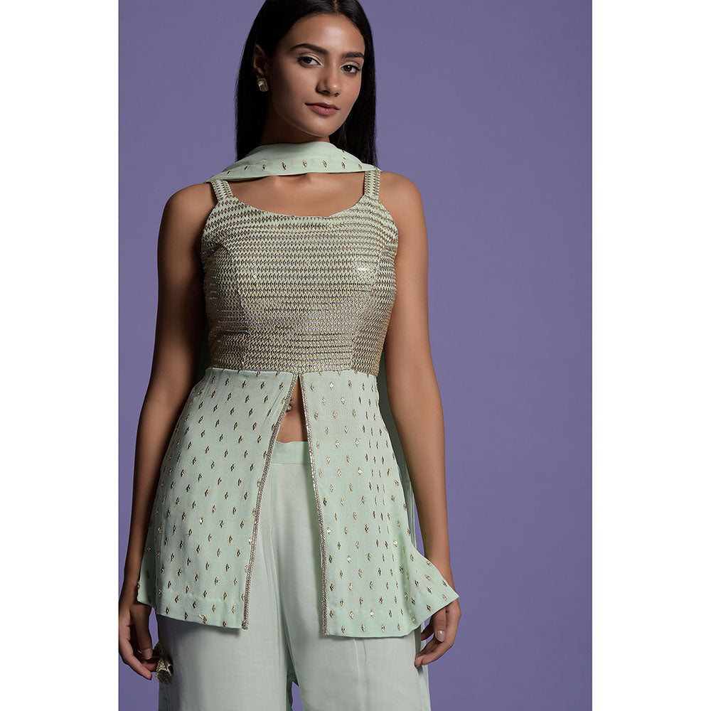 "Two Sisters" by Gyans Pista Green Georgette Embroidered Gharara Set (Set of 3)