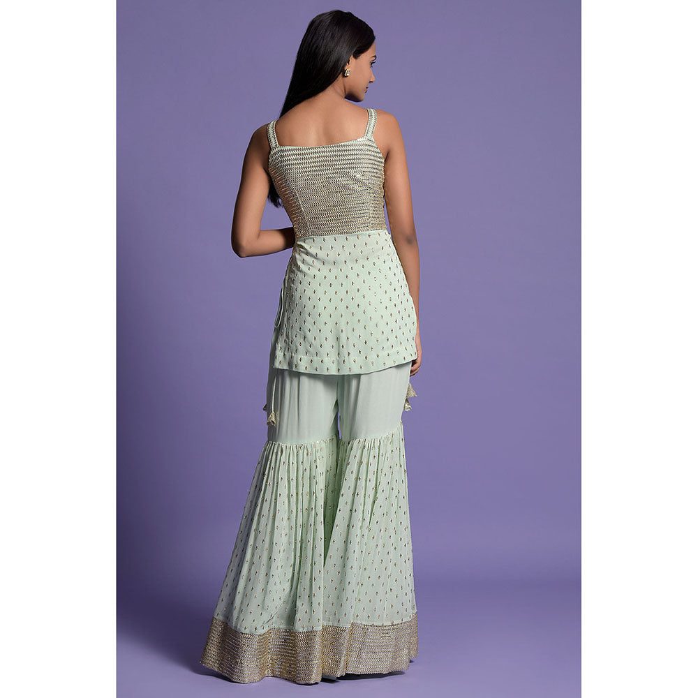 "Two Sisters" by Gyans Pista Green Georgette Embroidered Gharara Set (Set of 3)