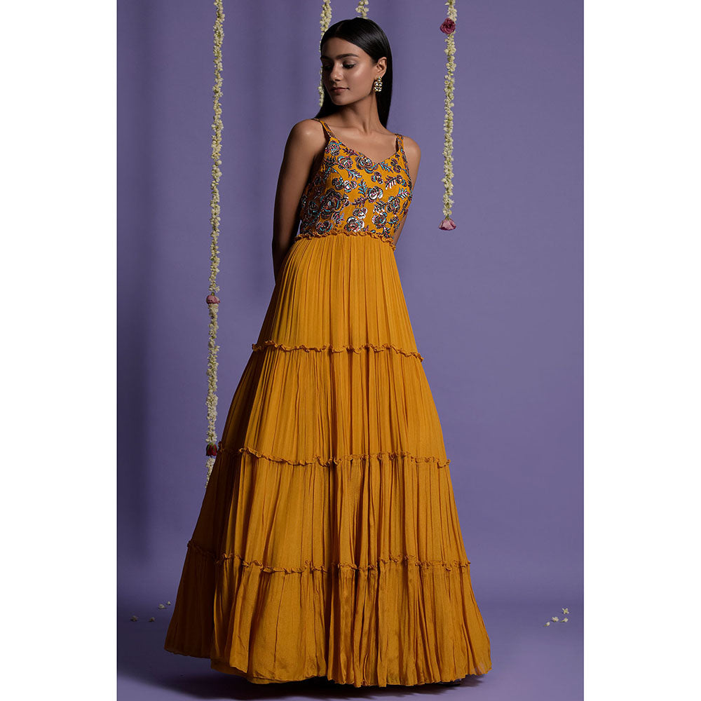 "Two Sisters" by Gyans Mustard with Multi Coloured Sequins Embroidered Gown