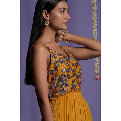 "Two Sisters" by Gyans Mustard with Multi Coloured Sequins Embroidered Gown