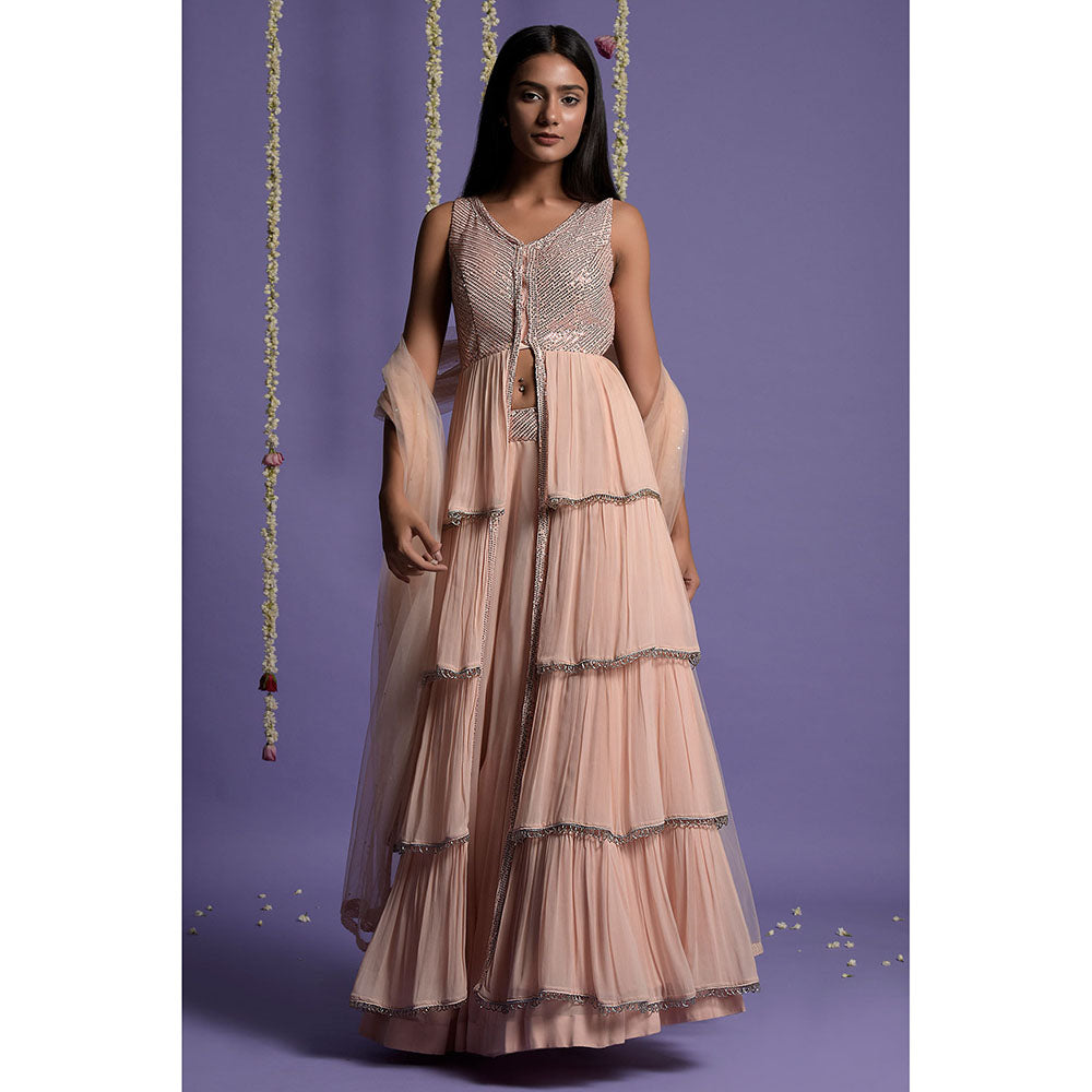 "Two Sisters" by Gyans Blush Pink Layered Embroidered Lehenga with Kurta & Dupatta (Set of 3)