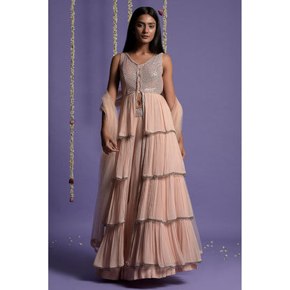 "Two Sisters" by Gyans Blush Pink Layered Embroidered Lehenga with Kurta & Dupatta (Set of 3)