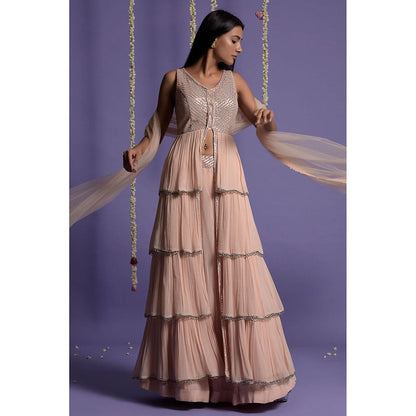 "Two Sisters" by Gyans Blush Pink Layered Embroidered Lehenga with Kurta & Dupatta (Set of 3)
