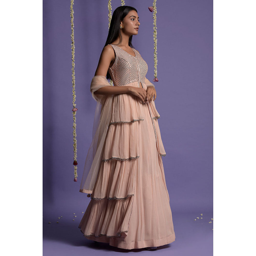 "Two Sisters" by Gyans Blush Pink Layered Embroidered Lehenga with Kurta & Dupatta (Set of 3)