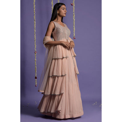 "Two Sisters" by Gyans Blush Pink Layered Embroidered Lehenga with Kurta & Dupatta (Set of 3)