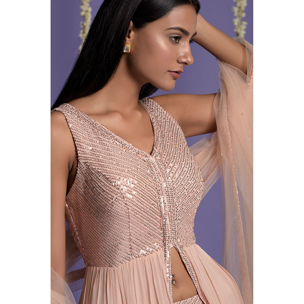 "Two Sisters" by Gyans Blush Pink Layered Embroidered Lehenga with Kurta & Dupatta (Set of 3)