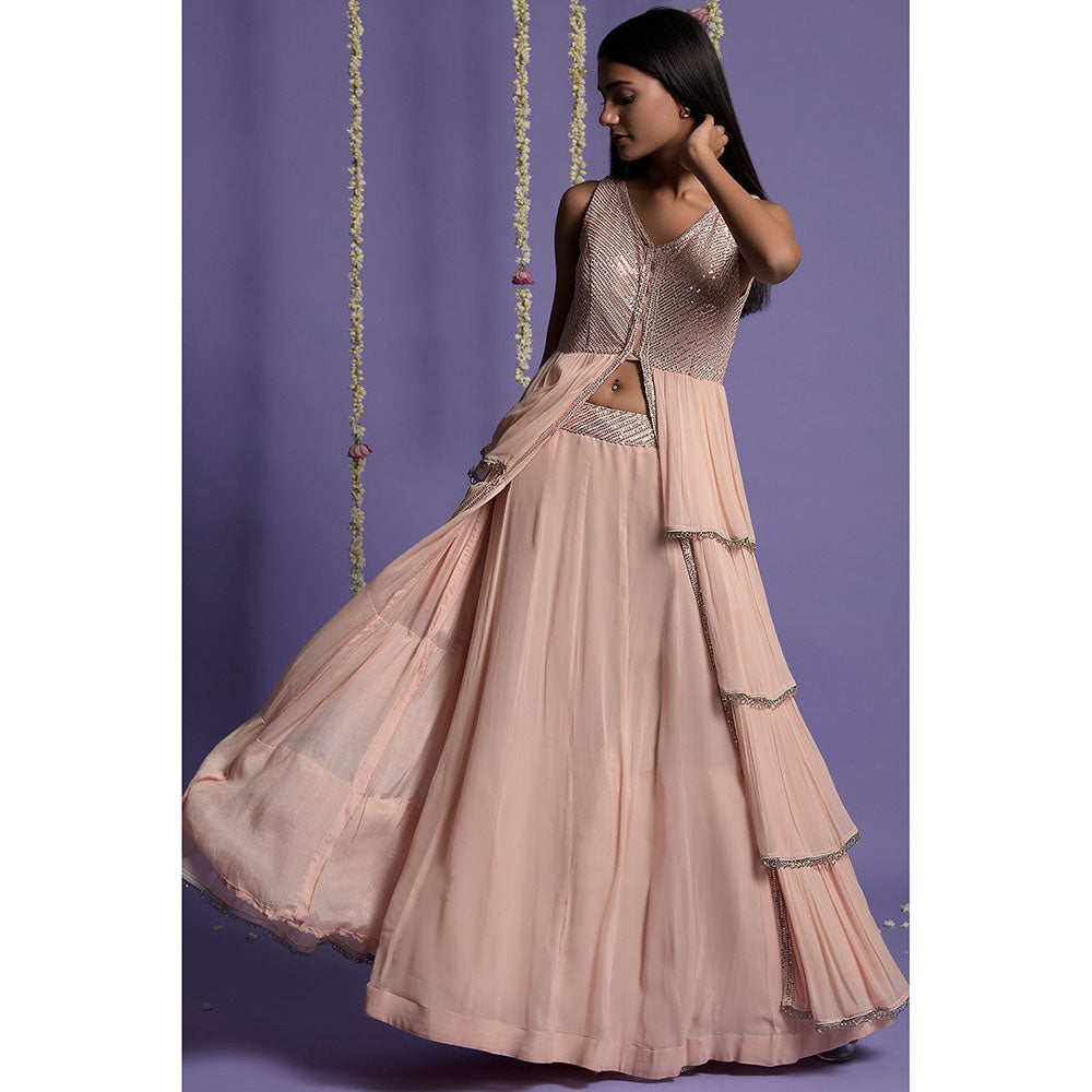 "Two Sisters" by Gyans Blush Pink Layered Embroidered Lehenga with Kurta & Dupatta (Set of 3)