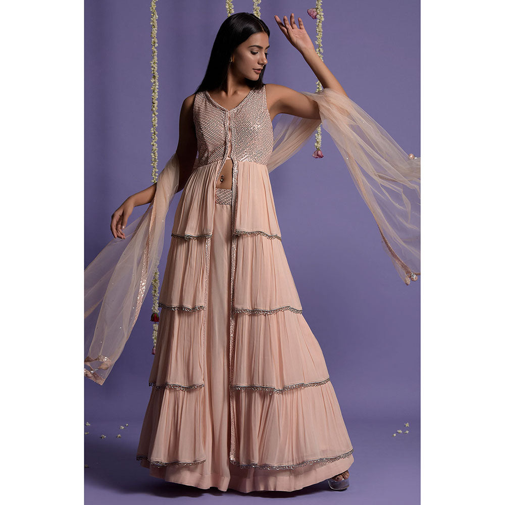 "Two Sisters" by Gyans Blush Pink Layered Embroidered Lehenga with Kurta & Dupatta (Set of 3)