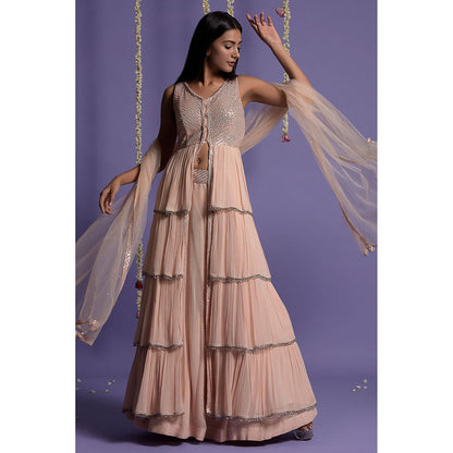 "Two Sisters" by Gyans Blush Pink Layered Embroidered Lehenga with Kurta & Dupatta (Set of 3)