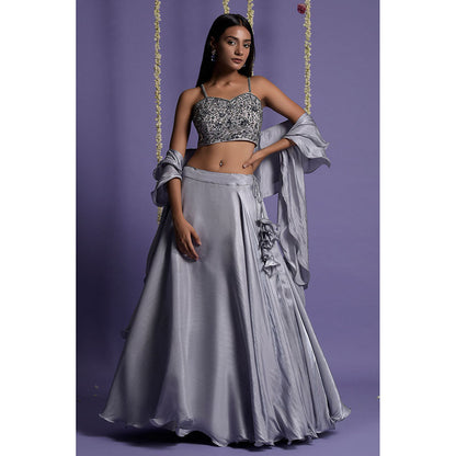 "Two Sisters" by Gyans Ash Grey Satin Lehenga with Blouse & Dupatta (Set of 3)