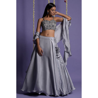 "Two Sisters" by Gyans Ash Grey Satin Lehenga with Blouse & Dupatta (Set of 3)
