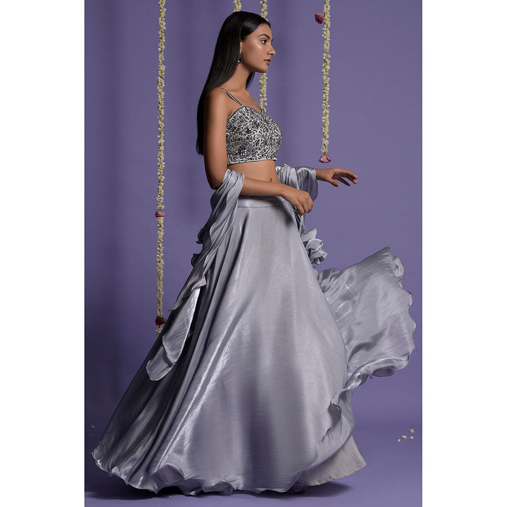 "Two Sisters" by Gyans Ash Grey Satin Lehenga with Blouse & Dupatta (Set of 3)