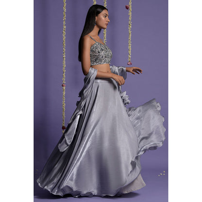 "Two Sisters" by Gyans Ash Grey Satin Lehenga with Blouse & Dupatta (Set of 3)