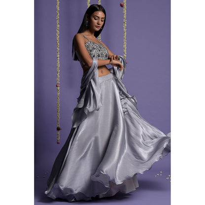 "Two Sisters" by Gyans Ash Grey Satin Lehenga with Blouse & Dupatta (Set of 3)