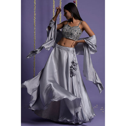 "Two Sisters" by Gyans Ash Grey Satin Lehenga with Blouse & Dupatta (Set of 3)