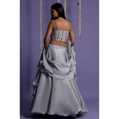 "Two Sisters" by Gyans Ash Grey Satin Lehenga with Blouse & Dupatta (Set of 3)