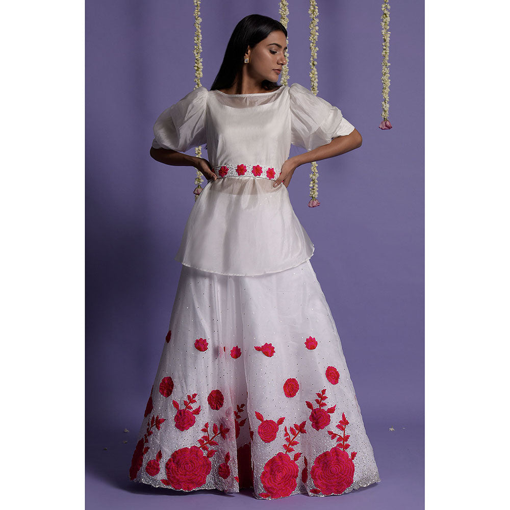 "Two Sisters" by Gyans White Organza Floral Appliqued Lehenga with Top & Belt (Set of 3)