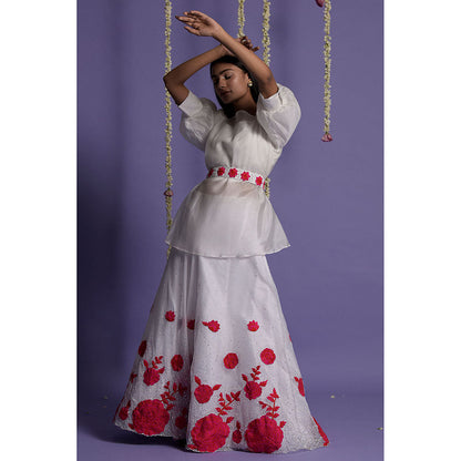"Two Sisters" by Gyans White Organza Floral Appliqued Lehenga with Top & Belt (Set of 3)