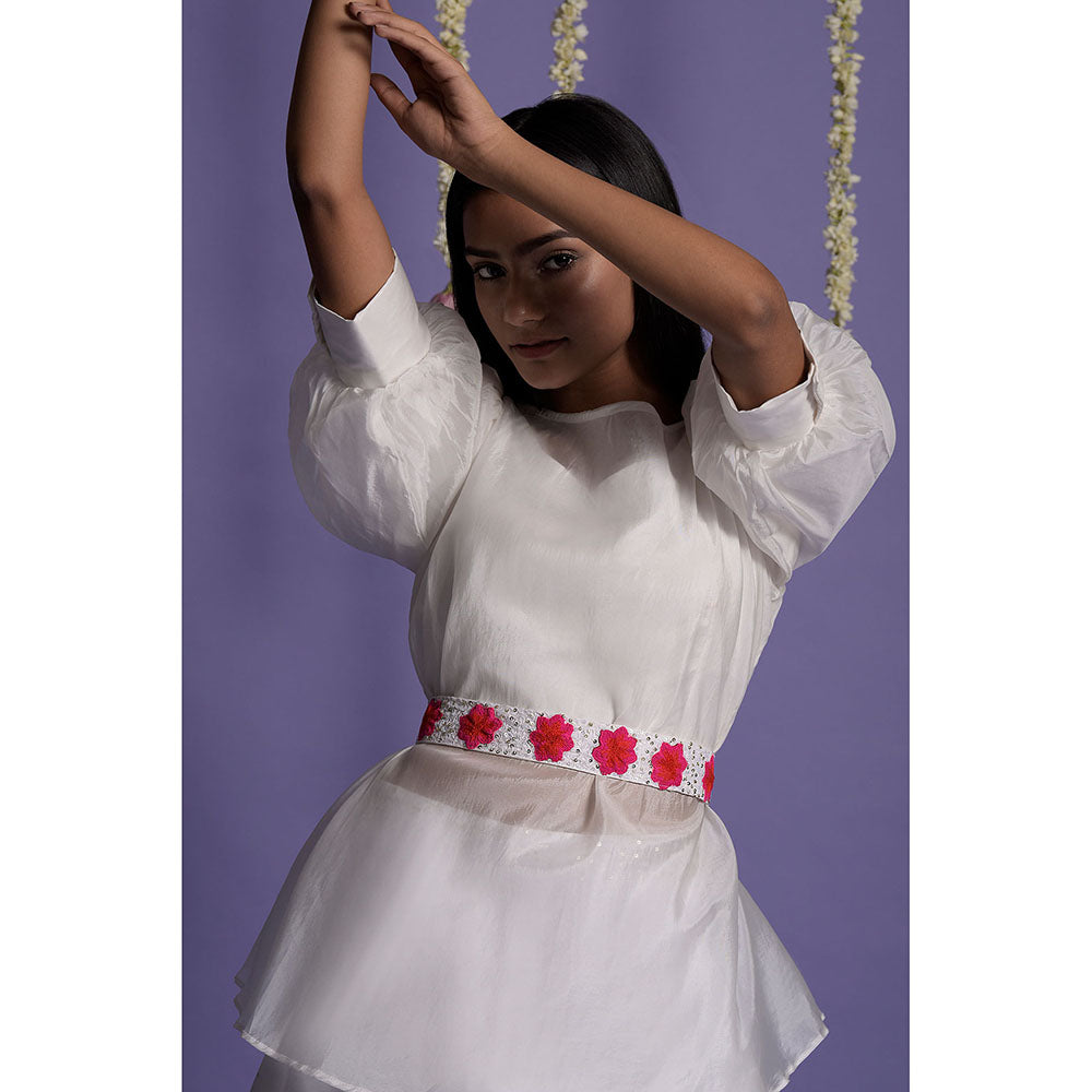 "Two Sisters" by Gyans White Organza Floral Appliqued Lehenga with Top & Belt (Set of 3)