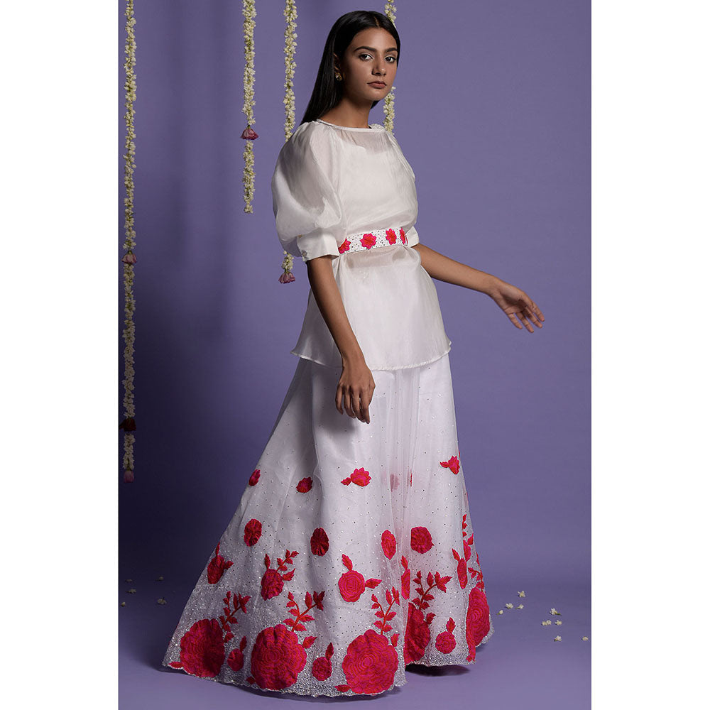 "Two Sisters" by Gyans White Organza Floral Appliqued Lehenga with Top & Belt (Set of 3)