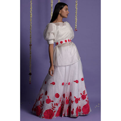 "Two Sisters" by Gyans White Organza Floral Appliqued Lehenga with Top & Belt (Set of 3)