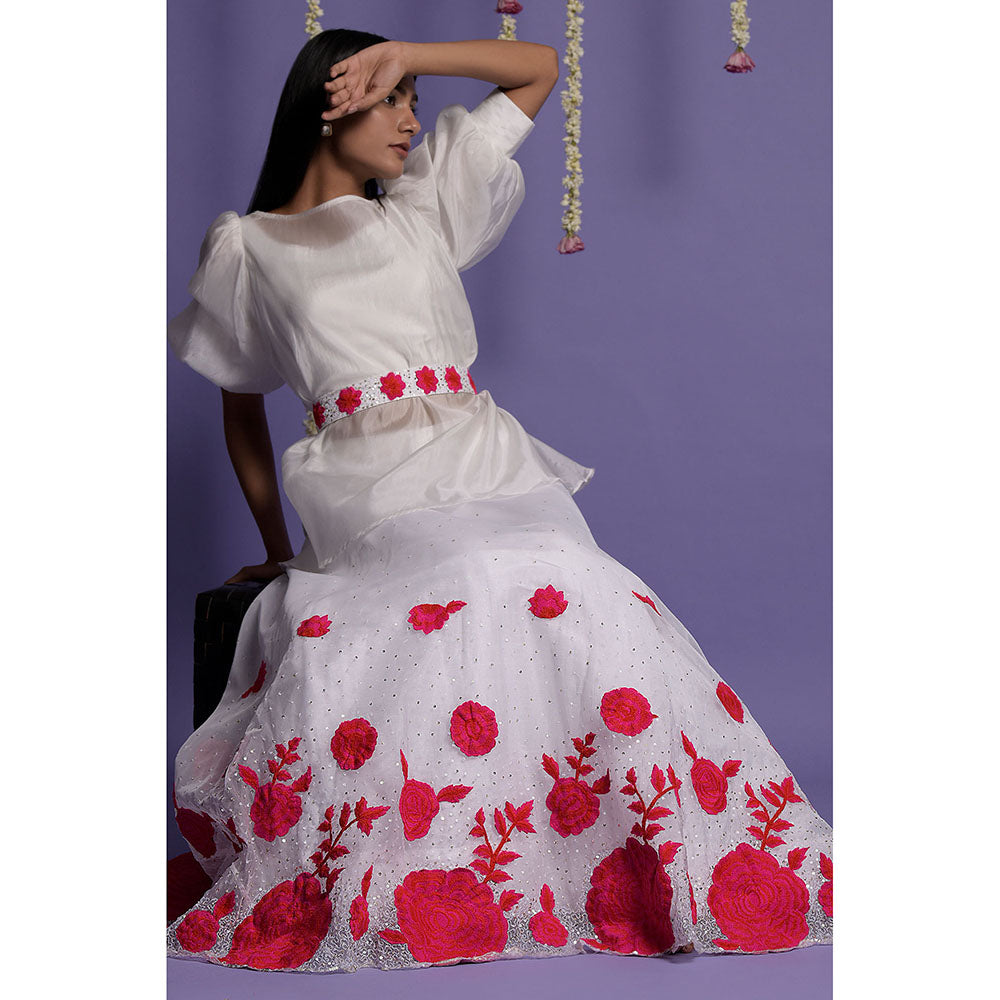 "Two Sisters" by Gyans White Organza Floral Appliqued Lehenga with Top & Belt (Set of 3)