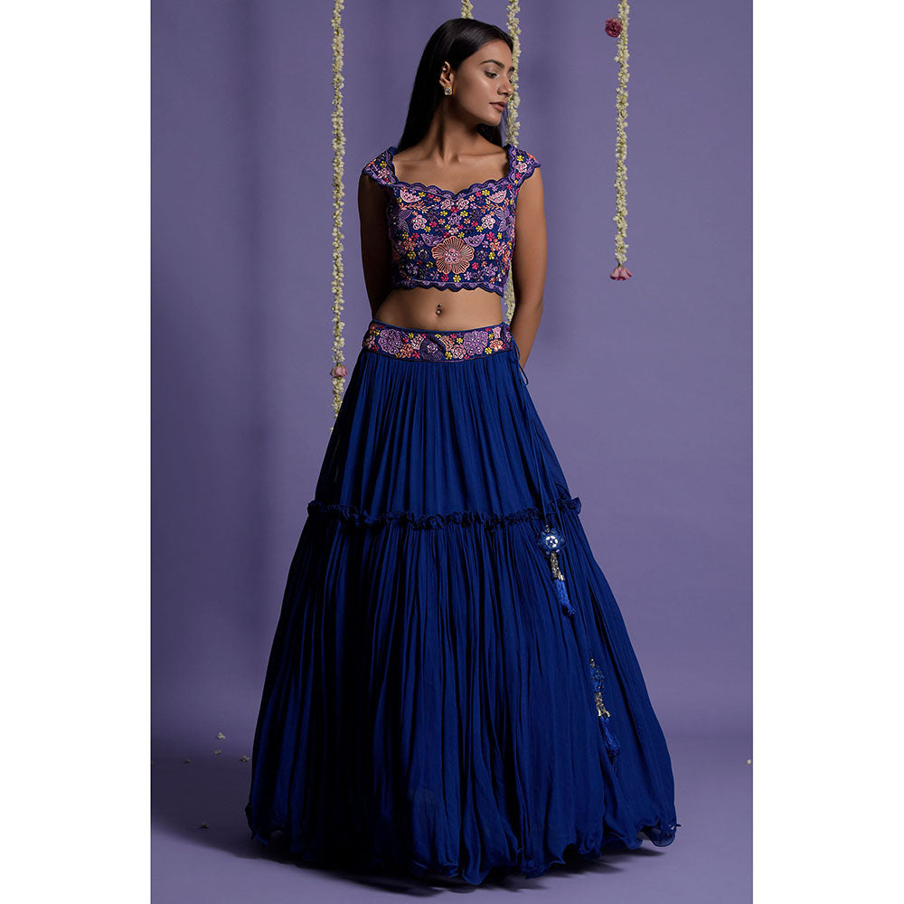 "Two Sisters" by Gyans Bright Royal Blue Embroidered Lehenga with Blouse & Cape (Set of 3)
