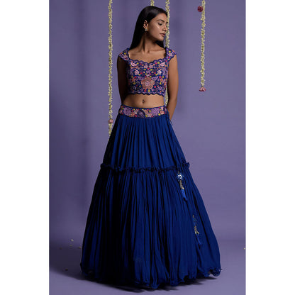 "Two Sisters" by Gyans Bright Royal Blue Embroidered Lehenga with Blouse & Cape (Set of 3)