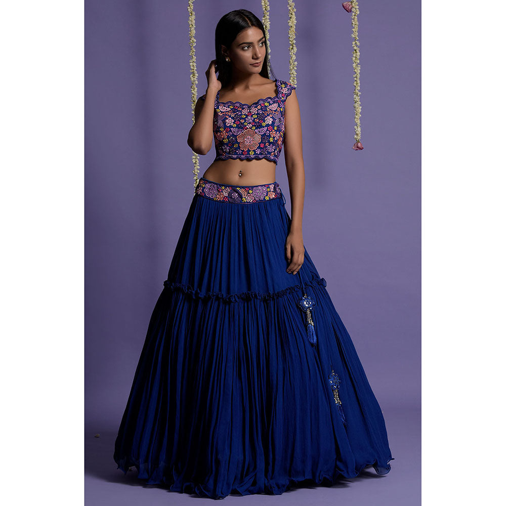 "Two Sisters" by Gyans Bright Royal Blue Embroidered Lehenga with Blouse & Cape (Set of 3)