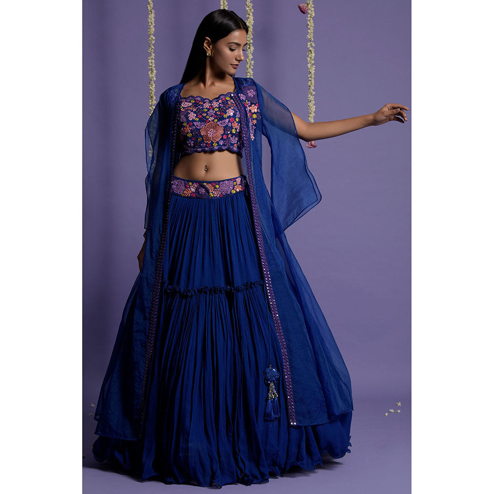 "Two Sisters" by Gyans Bright Royal Blue Embroidered Lehenga with Blouse & Cape (Set of 3)
