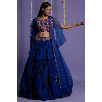 "Two Sisters" by Gyans Bright Royal Blue Embroidered Lehenga with Blouse & Cape (Set of 3)