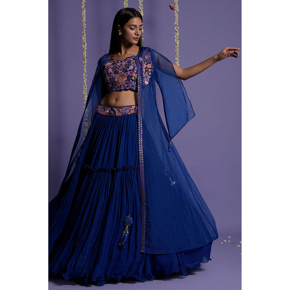 "Two Sisters" by Gyans Bright Royal Blue Embroidered Lehenga with Blouse & Cape (Set of 3)