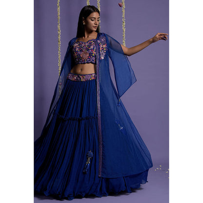 "Two Sisters" by Gyans Bright Royal Blue Embroidered Lehenga with Blouse & Cape (Set of 3)