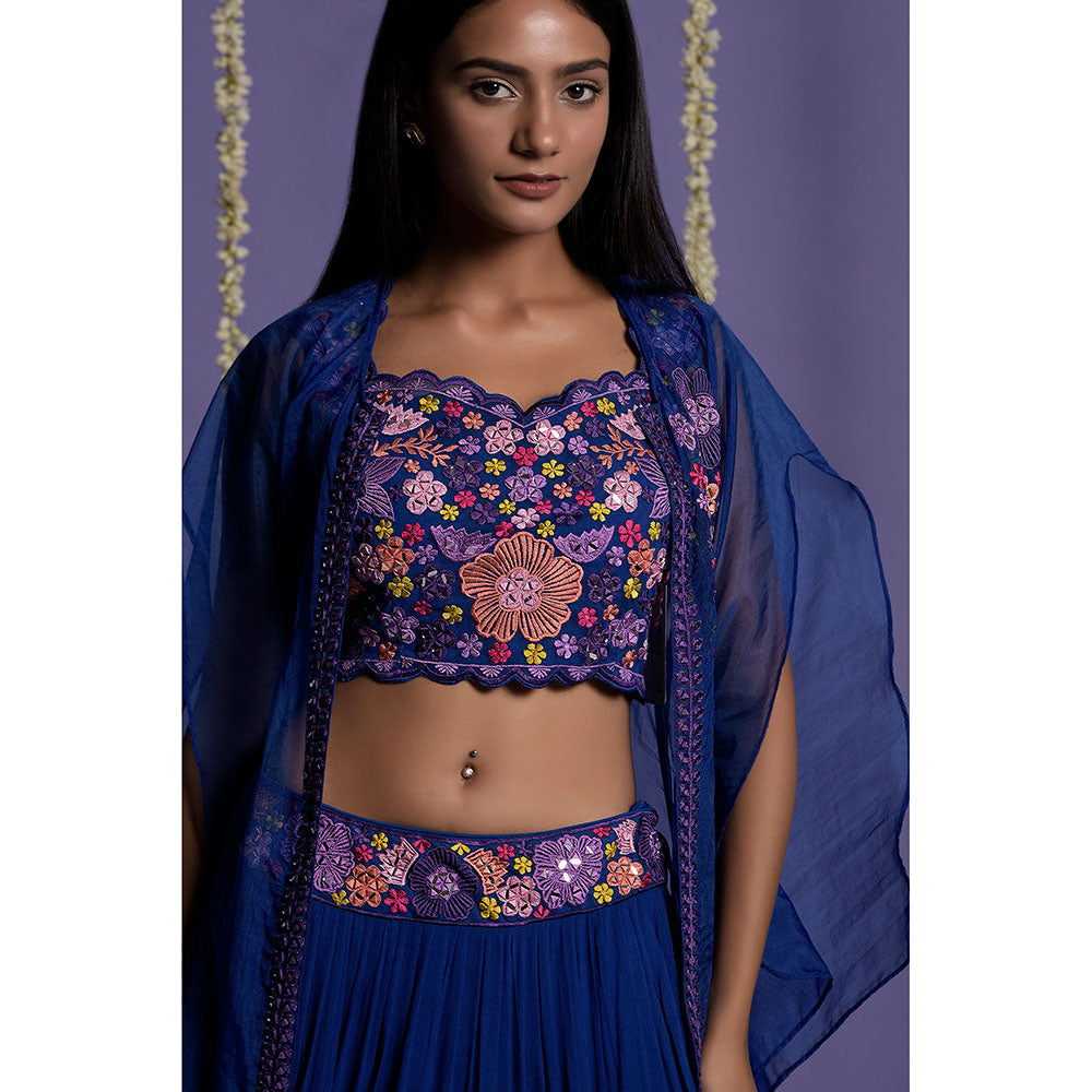 "Two Sisters" by Gyans Bright Royal Blue Embroidered Lehenga with Blouse & Cape (Set of 3)