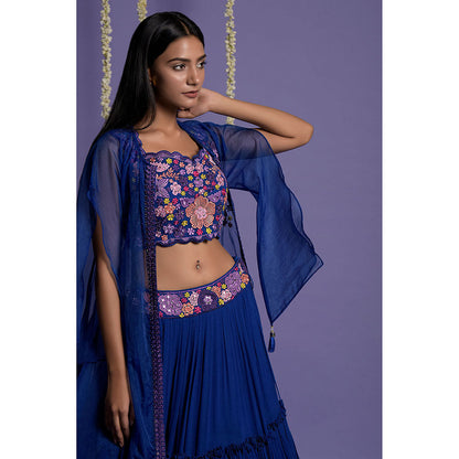 "Two Sisters" by Gyans Bright Royal Blue Embroidered Lehenga with Blouse & Cape (Set of 3)