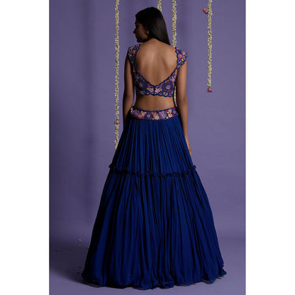 "Two Sisters" by Gyans Bright Royal Blue Embroidered Lehenga with Blouse & Cape (Set of 3)