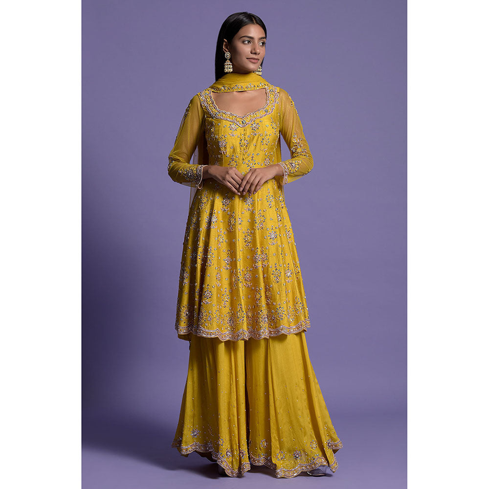 "Two Sisters" by Gyans Yellow Silk Embroidered Sharara with Kurta & Dupatta (Set of 3)