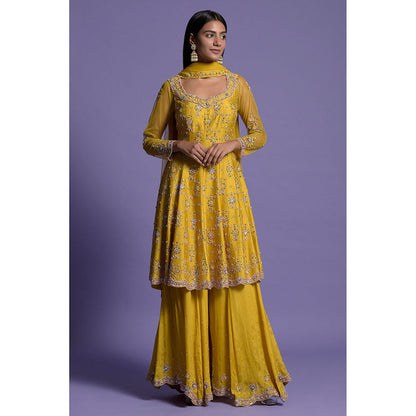 "Two Sisters" by Gyans Yellow Silk Embroidered Sharara with Kurta & Dupatta (Set of 3)
