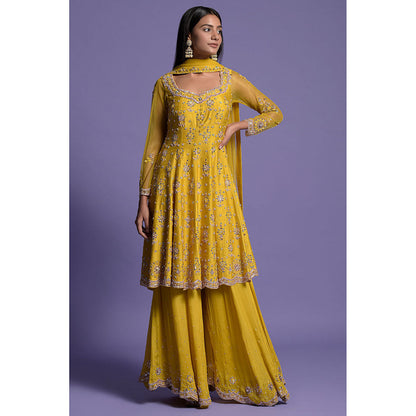 "Two Sisters" by Gyans Yellow Silk Embroidered Sharara with Kurta & Dupatta (Set of 3)
