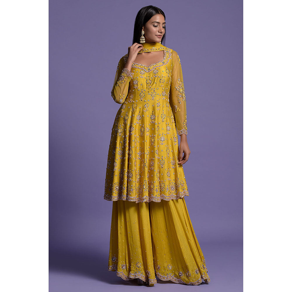 "Two Sisters" by Gyans Yellow Silk Embroidered Sharara with Kurta & Dupatta (Set of 3)