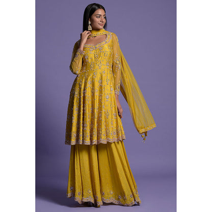 "Two Sisters" by Gyans Yellow Silk Embroidered Sharara with Kurta & Dupatta (Set of 3)