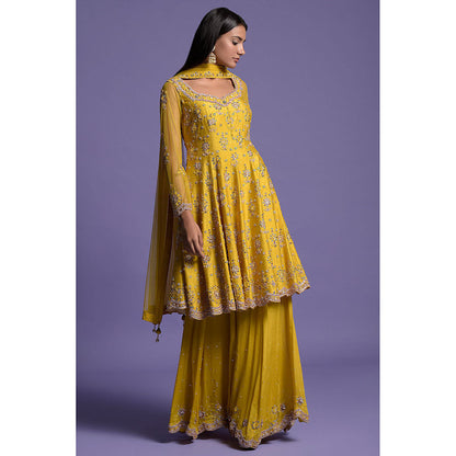 "Two Sisters" by Gyans Yellow Silk Embroidered Sharara with Kurta & Dupatta (Set of 3)