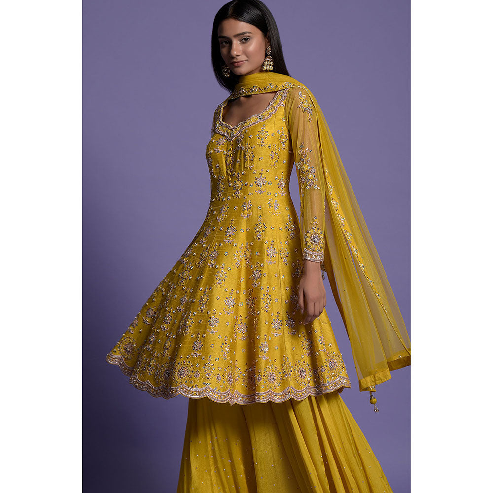 "Two Sisters" by Gyans Yellow Silk Embroidered Sharara with Kurta & Dupatta (Set of 3)