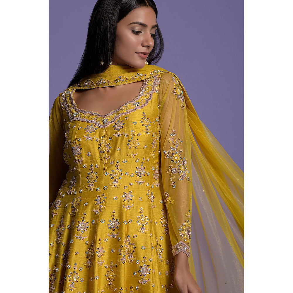 "Two Sisters" by Gyans Yellow Silk Embroidered Sharara with Kurta & Dupatta (Set of 3)