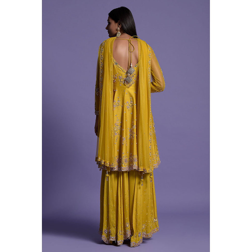 "Two Sisters" by Gyans Yellow Silk Embroidered Sharara with Kurta & Dupatta (Set of 3)